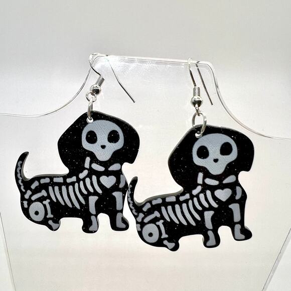 Skeleton Dog Earrings - Halloween Earrings - Weenie Dog Earrings - Dachsund - Picture 1 of 8